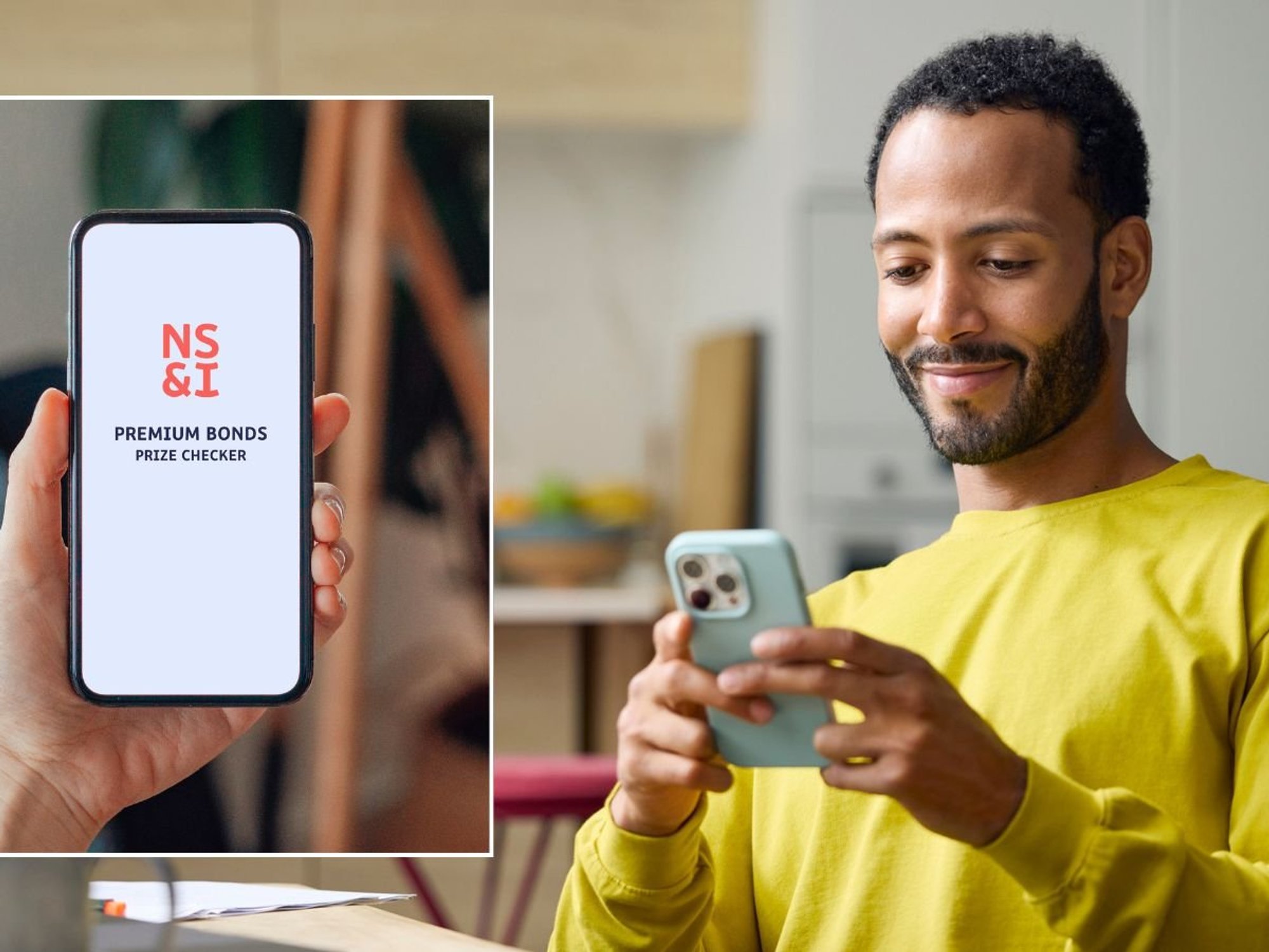 Man on phone and Premium Bonds checker