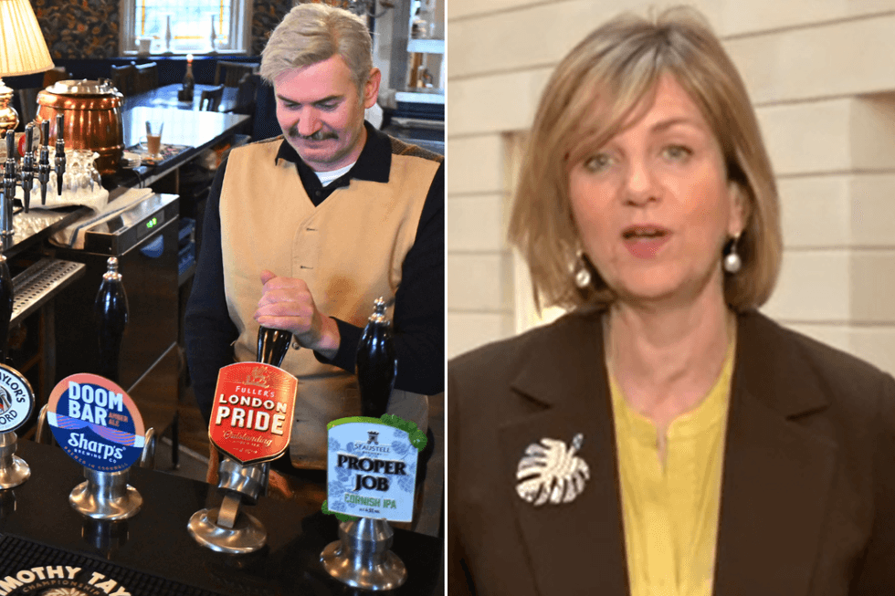 Man pouring pints in a pub (file photo); Lilian Greenwood