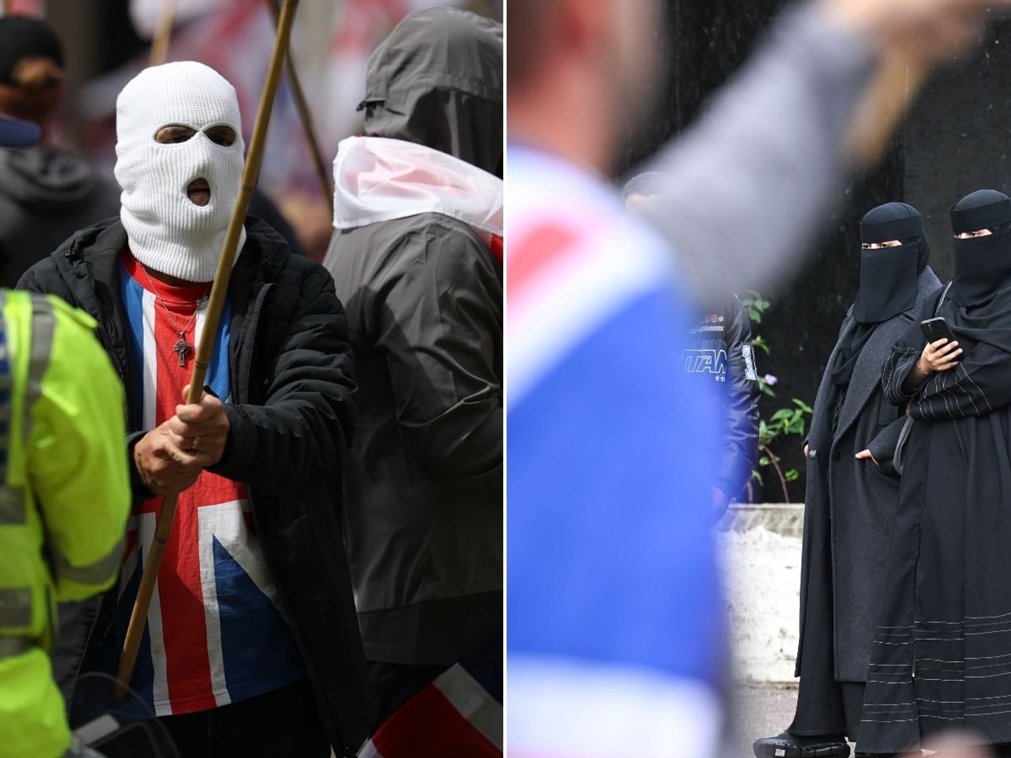 Man wearing a balaclava and two women wearing burkas