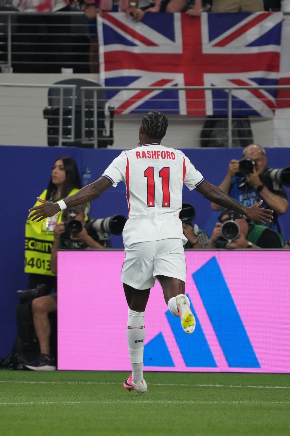 Marcus Rashford celebrates after scoring England's fourth and final goal against Croatia