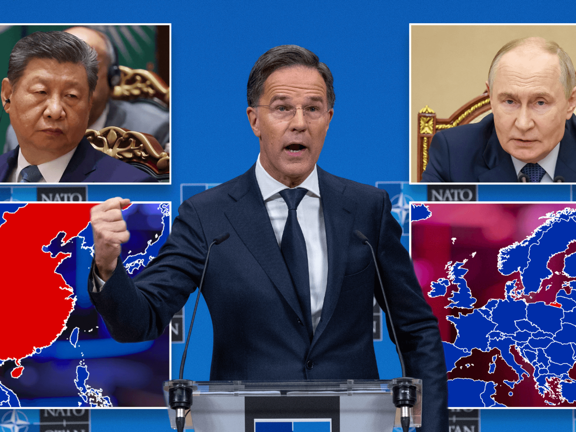 Mark Rutte/Xi Jinping/Vladimir Putin/maps