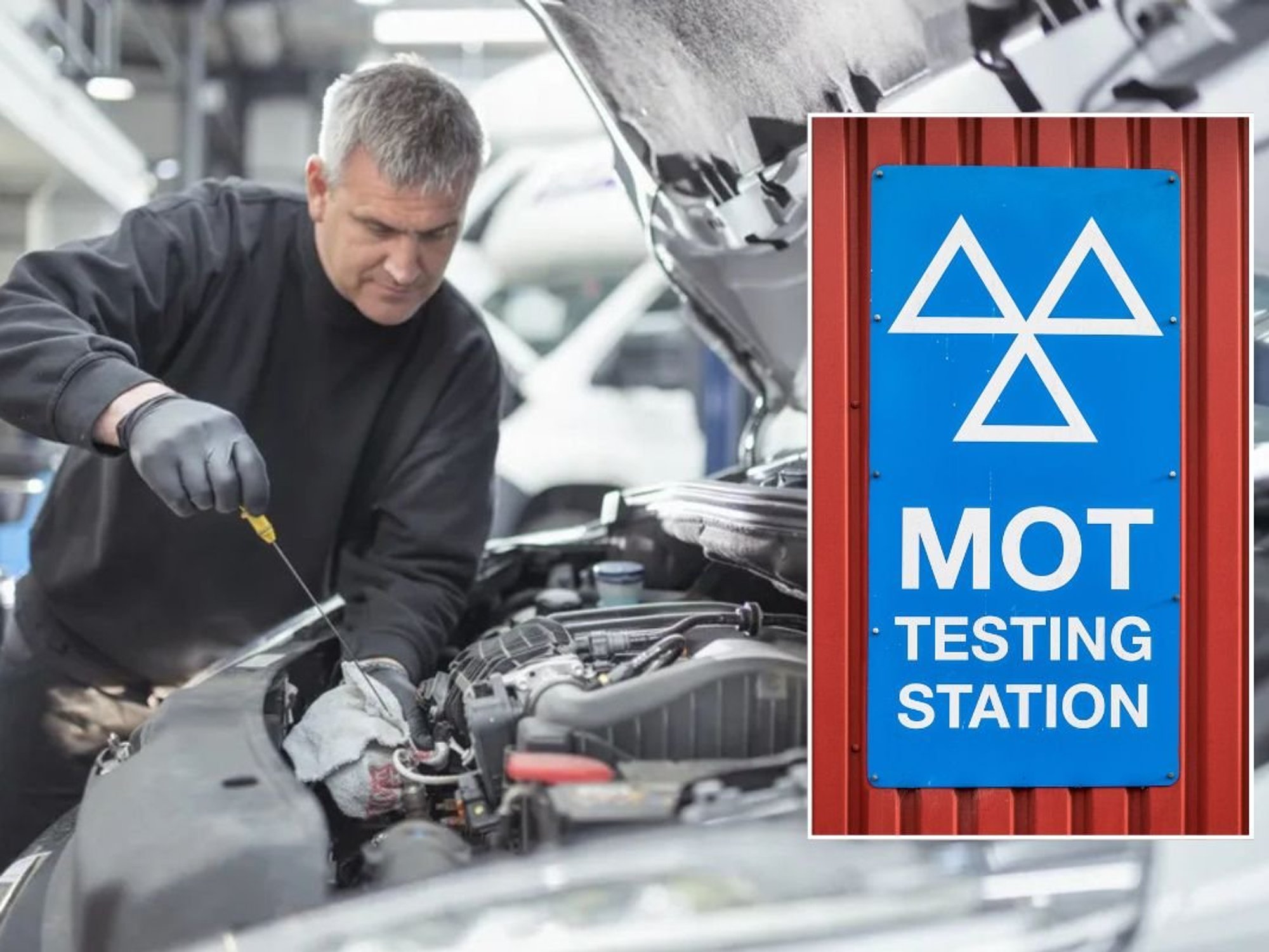 Mechanic performing an MOT test and an MOT test sign