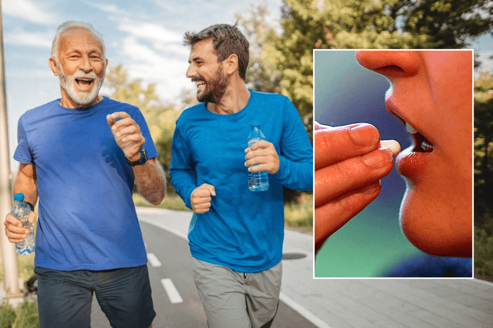 Men walking / person taking supplement