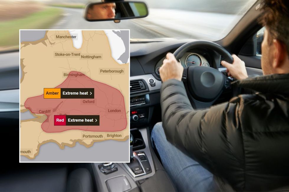 Met Office extreme heat warning and a man driving a car