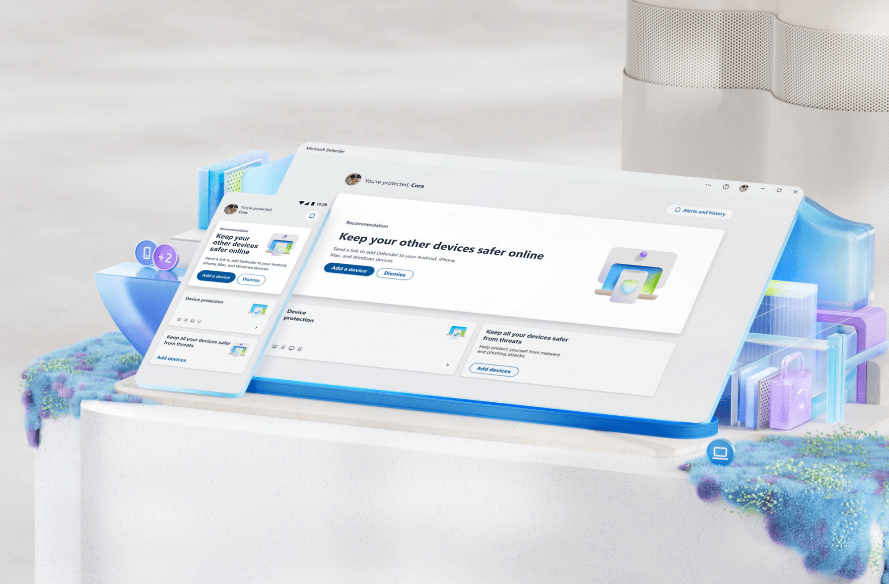 Microsoft Defender app pictured on a desktop app window and mobile
