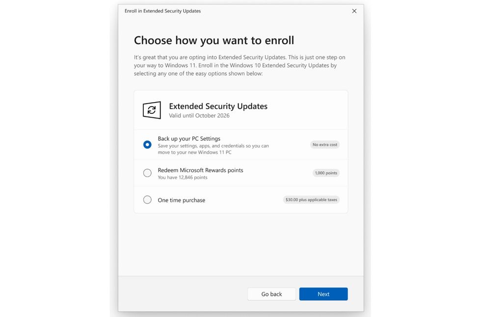 Microsoft ESU payment options on Windows 10