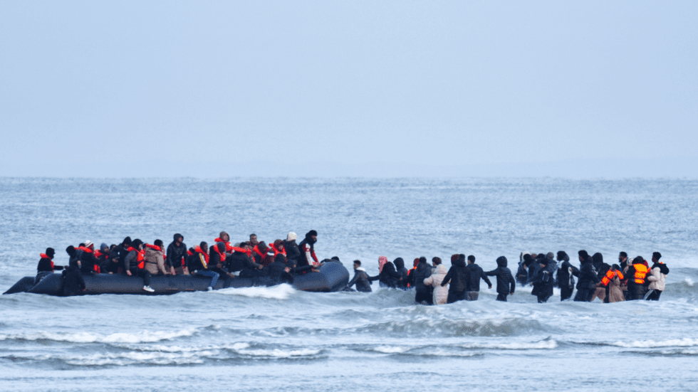 Migrants crossing the Channel on a small boat