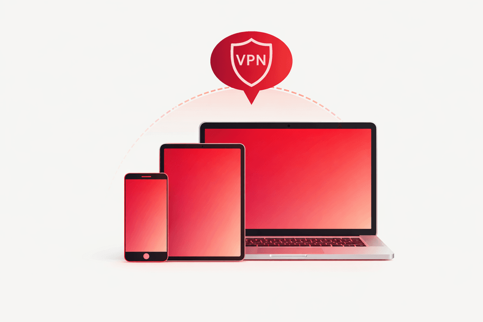 Mobile, tablet, and laptop with a VPN symbol above them