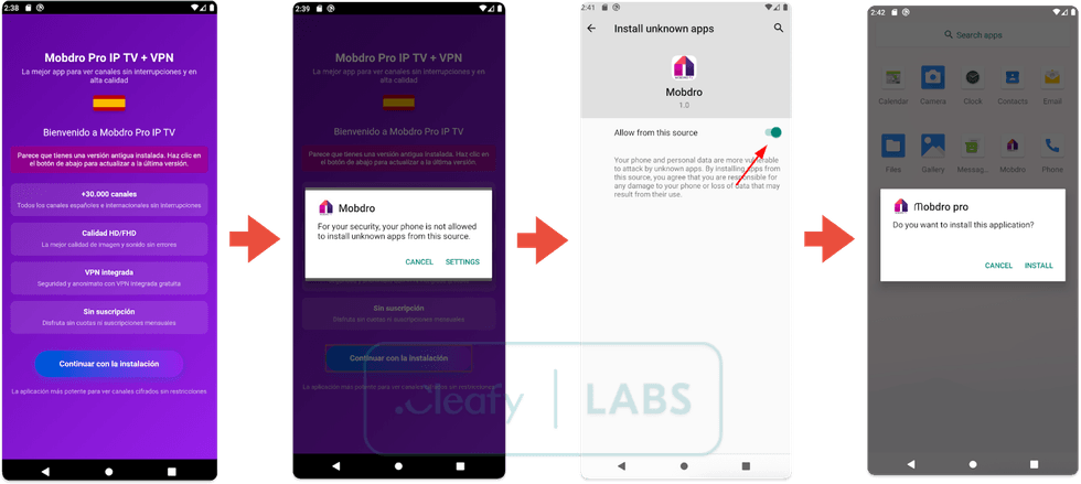 Modpro IP TV + VPN android app installation process to add malware