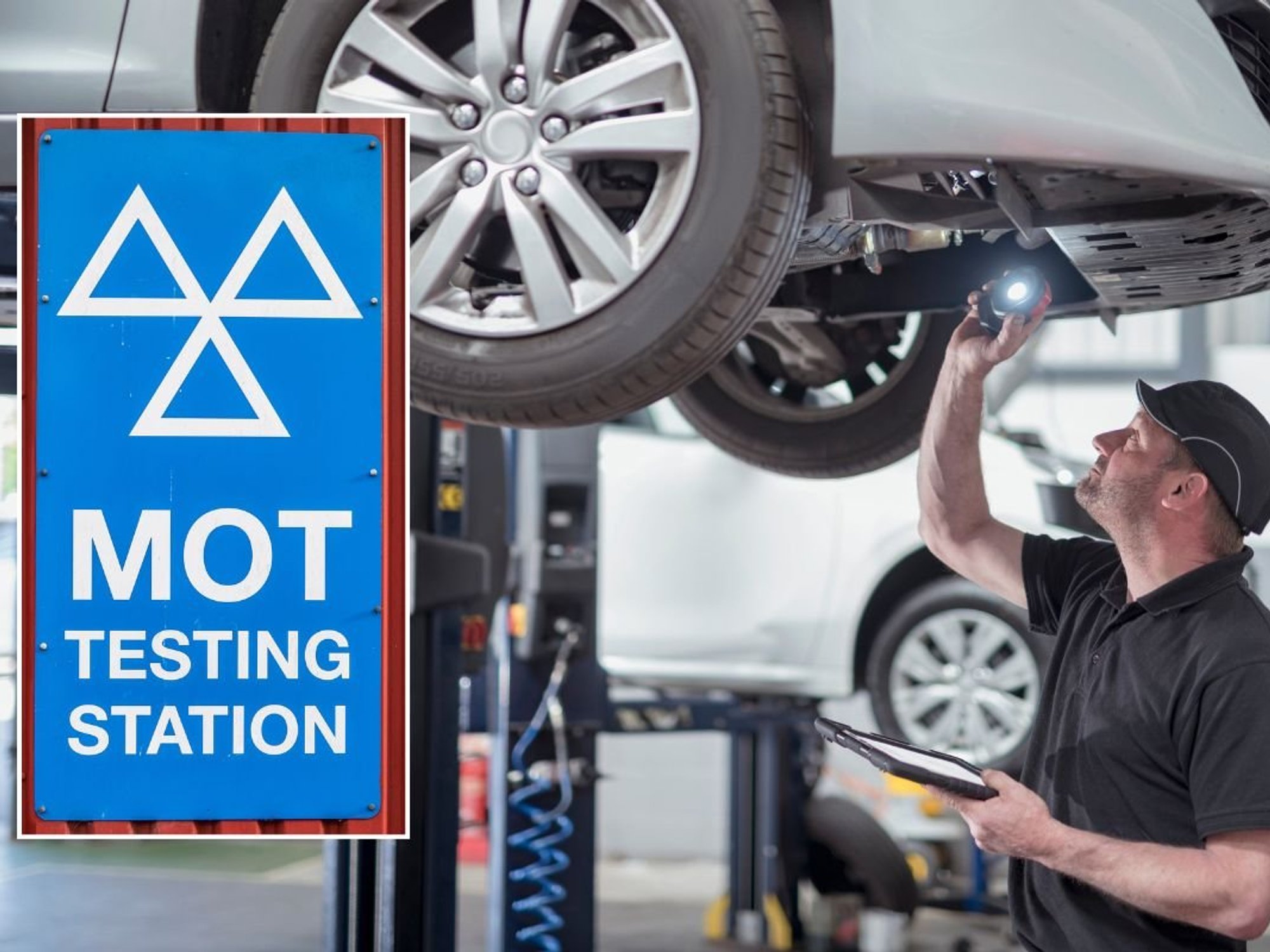MOT test sign and a man performing an MOT test