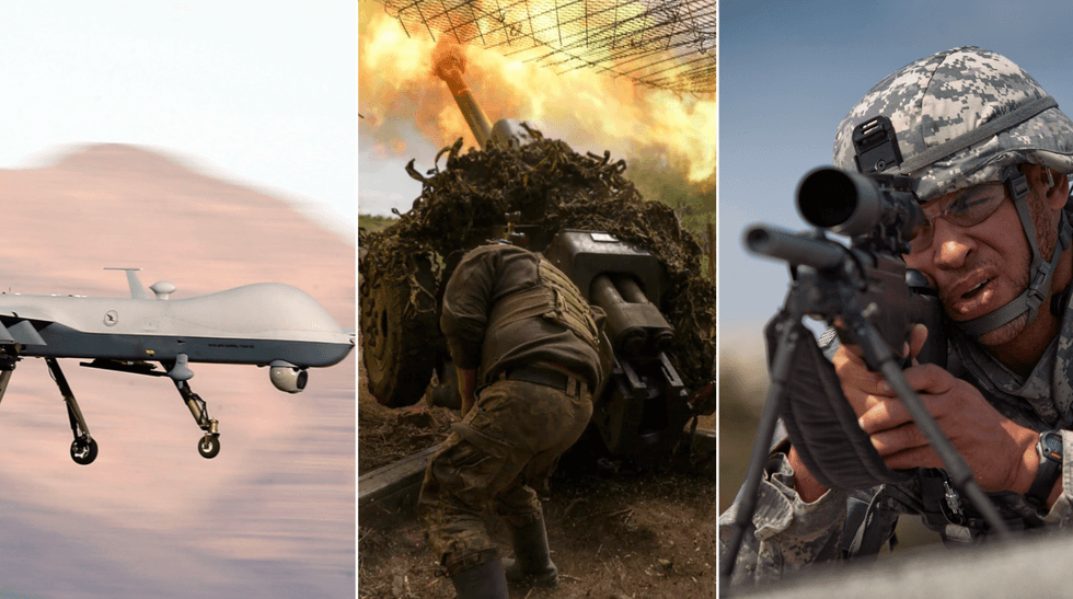 MQ-9 Reaper (left), Ukraine front line (middle), sniper (right)