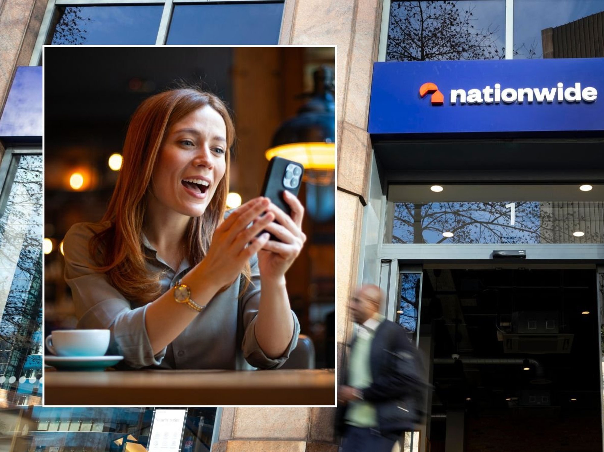Nationwide branch and woman on phone