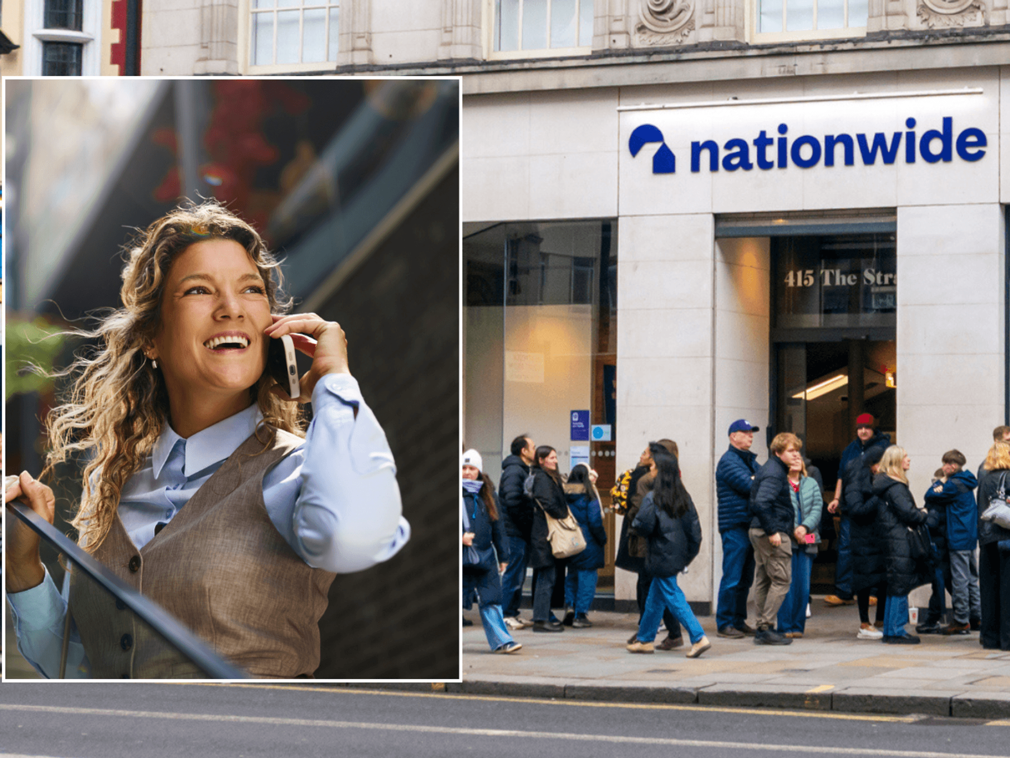 Nationwide Building Society branch and woman on phone