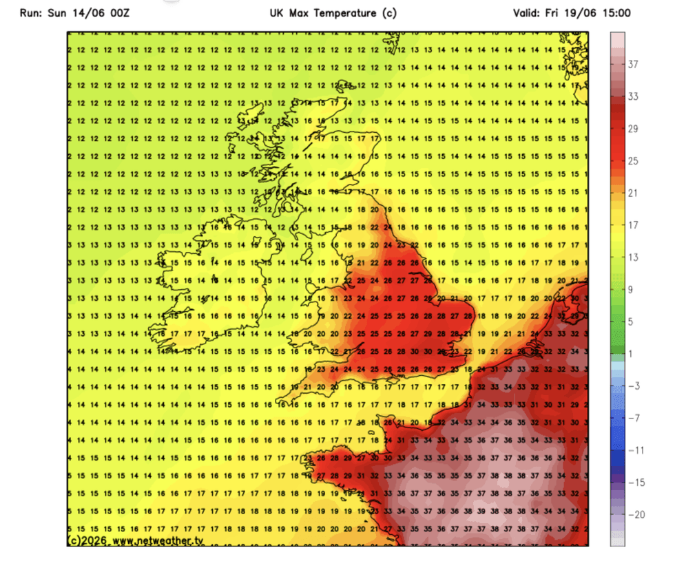 Netweather map shows 30C by Friday