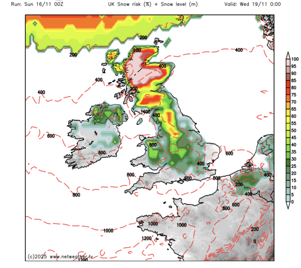 Netweather map shows risk of snow spreading south