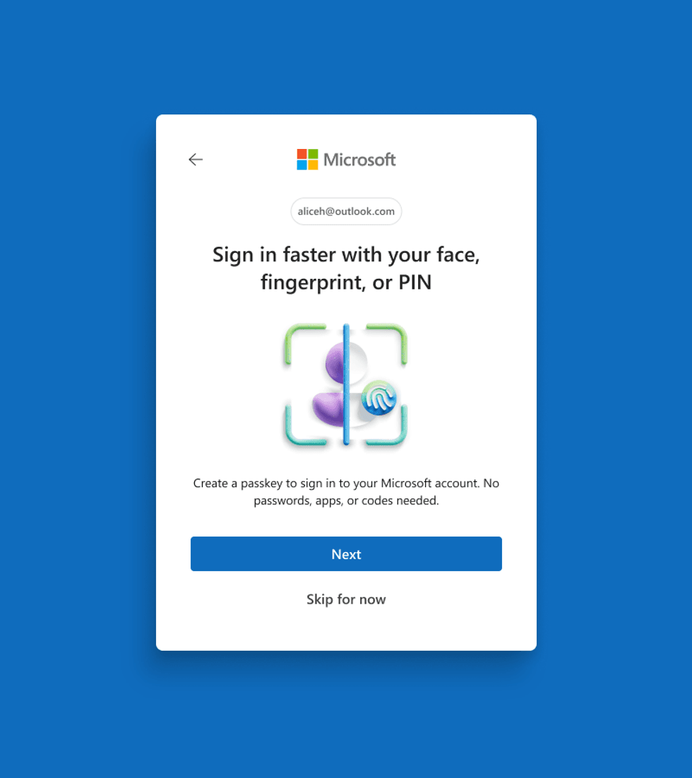 New login screen for MIcrosoft account promoting passkeys