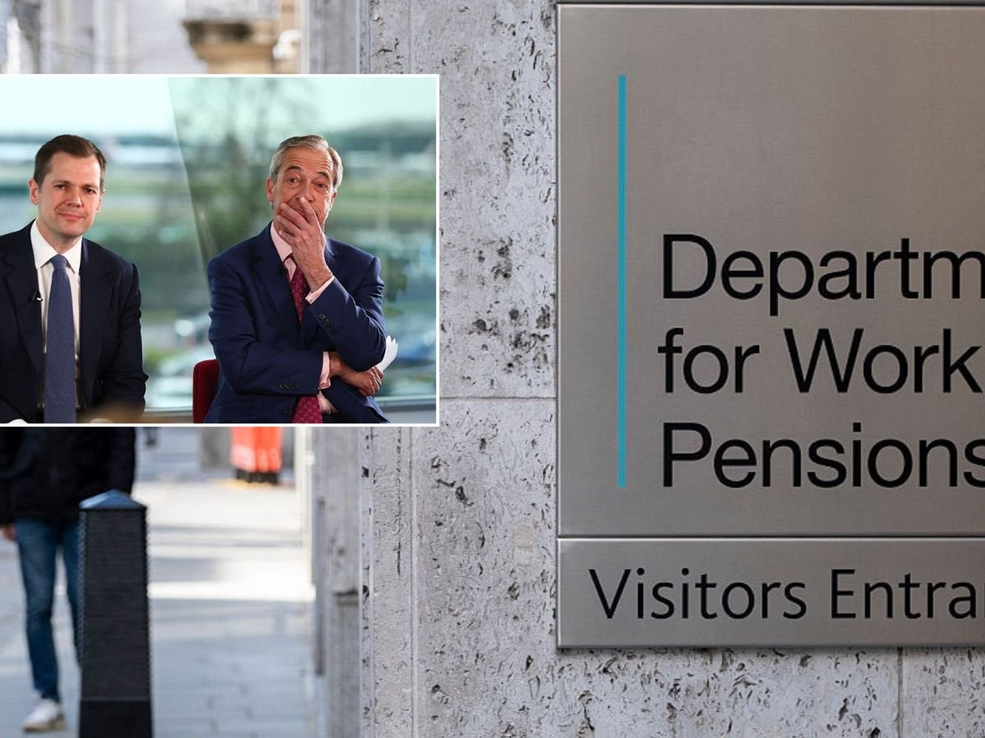 Nigel Farage and Robert Jenrick, DWP sign