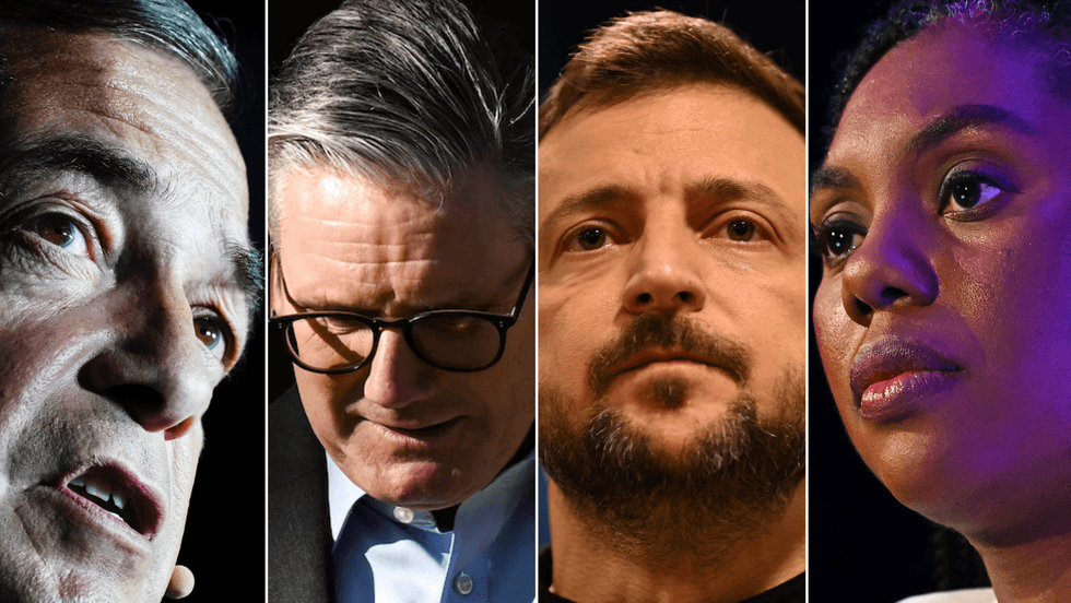 Nigel Farage (left), Keir Starmer (second from left), Volodymyr Zelensky (middle), Kemi Badenoch (right)