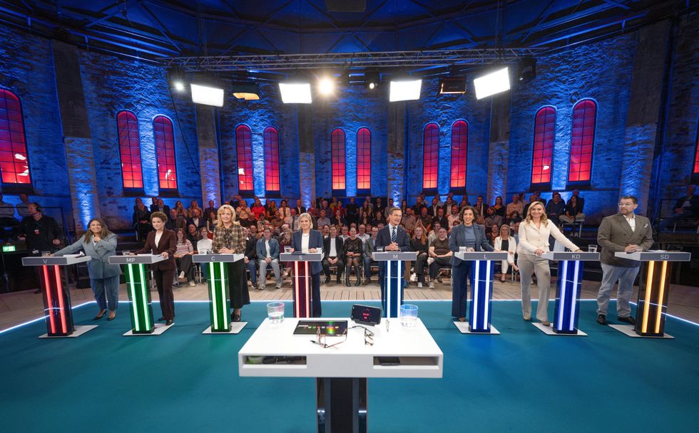 Nooshi Dadgostar, from the Left Party, Amanda Lind, from the Green Party, Elisabeth Thand Ringqvist, from the Center Party, Magdalena Andersson, from the Social Democrats, Prime Minister Ulf Kristersson, from the Moderate Party, Simona Mohamsson, from the Liberal party, Ebba Busch, from the Christian Democrats and Jimmie Akesson, from the Swedish Democrats,