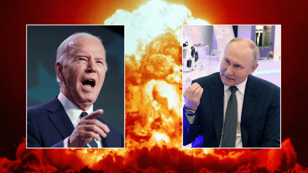 Nuclear explosion with Joe Biden/Vladimir Putin in foreground