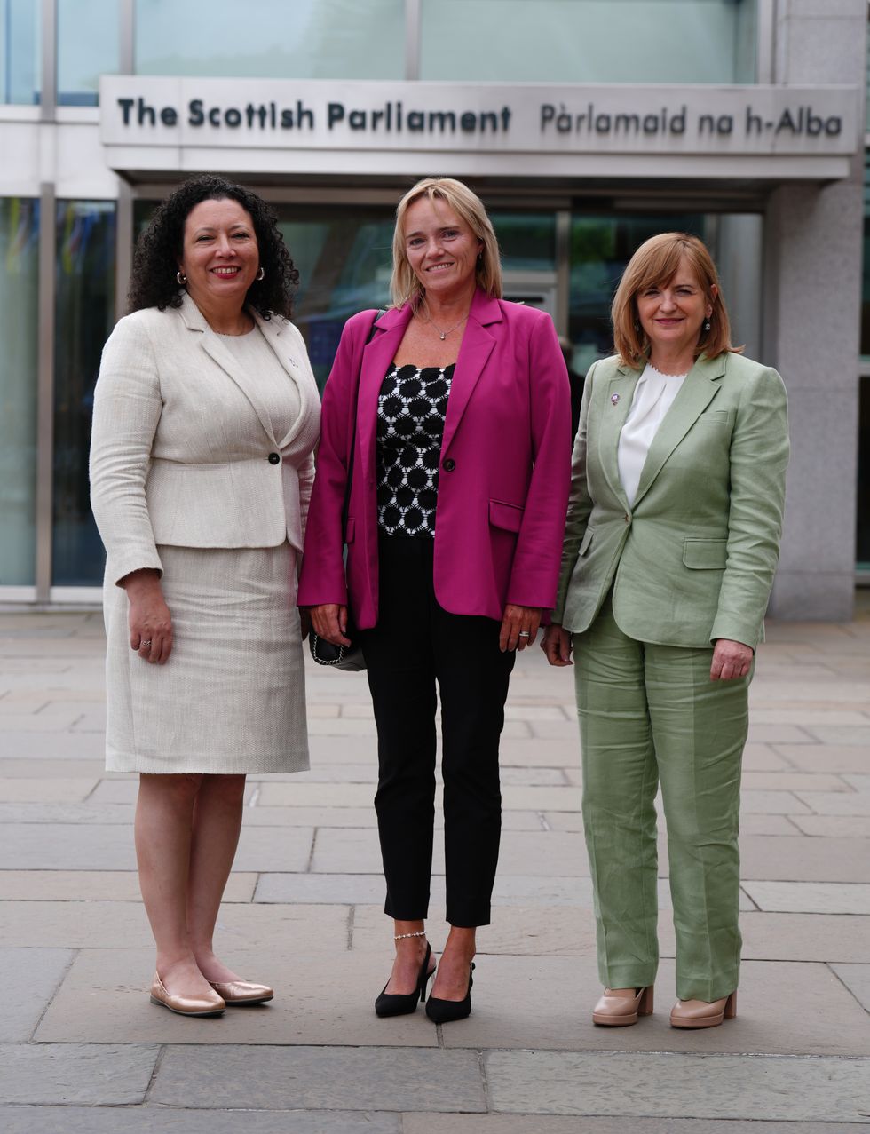 Nurse Sandie Peggie alongside Maya Forstater (L) and Margaret Gribbon outside the Scottish Parliament at Holyrood, Edinburgh, where she met with MSPs\u200b