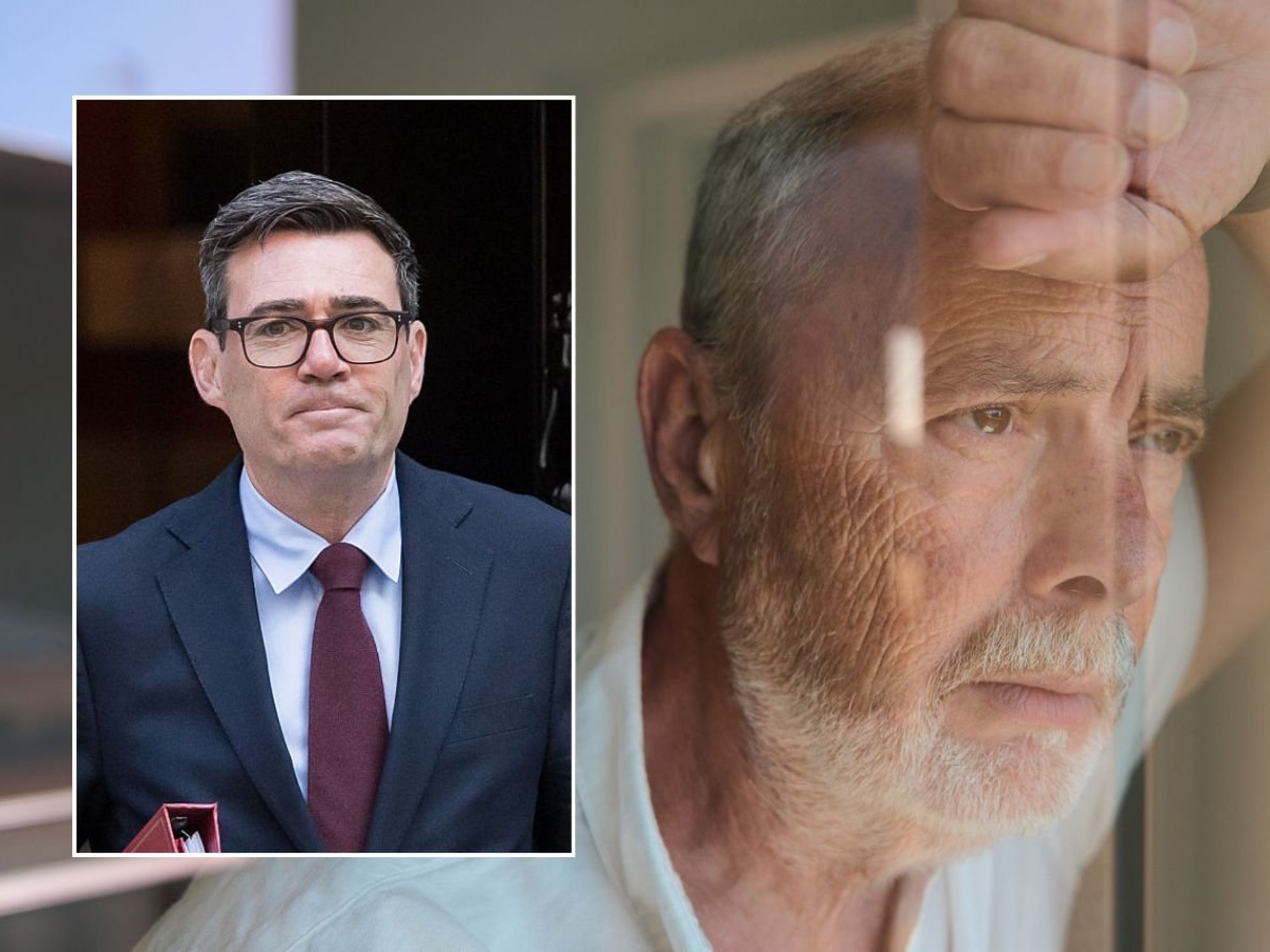 Older man looking worried and Andy Burnham