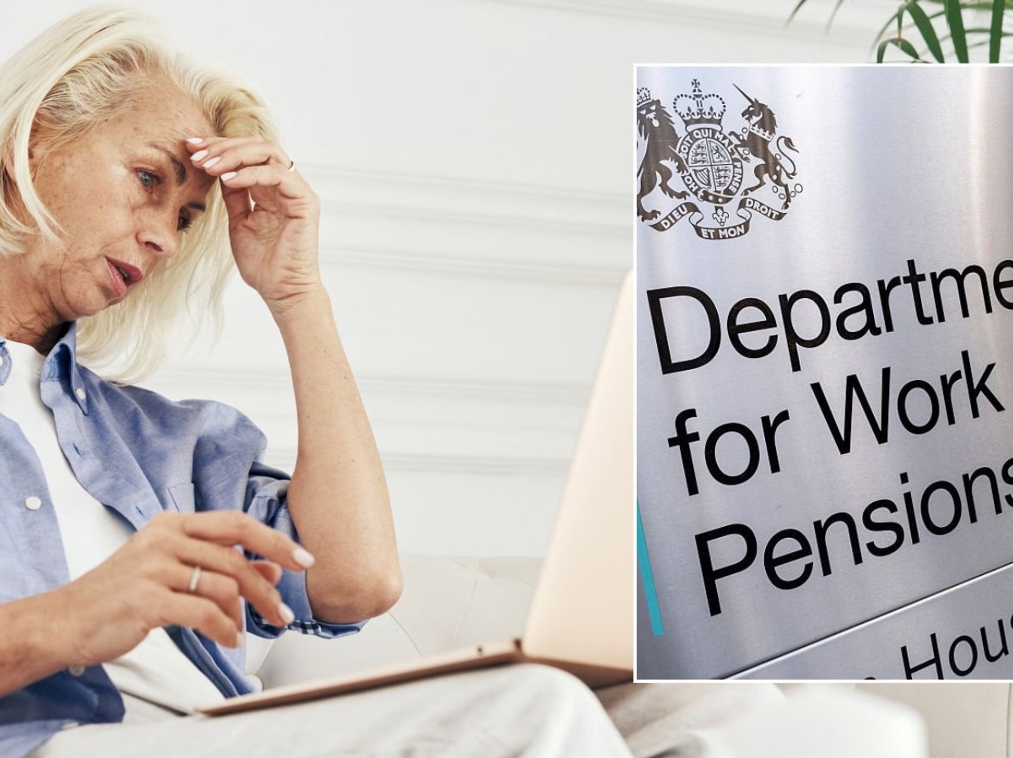 Older woman and DWP sign