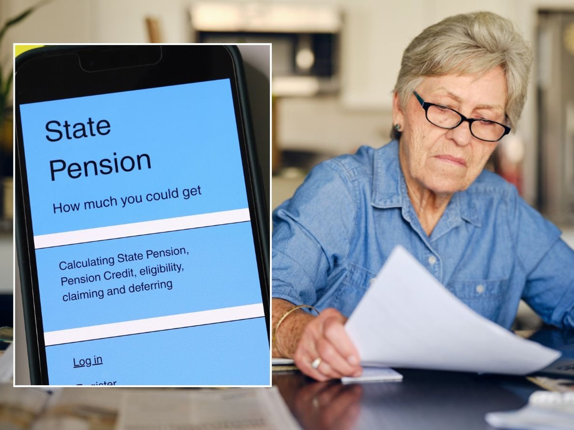 Older woman and state pension account on pohone