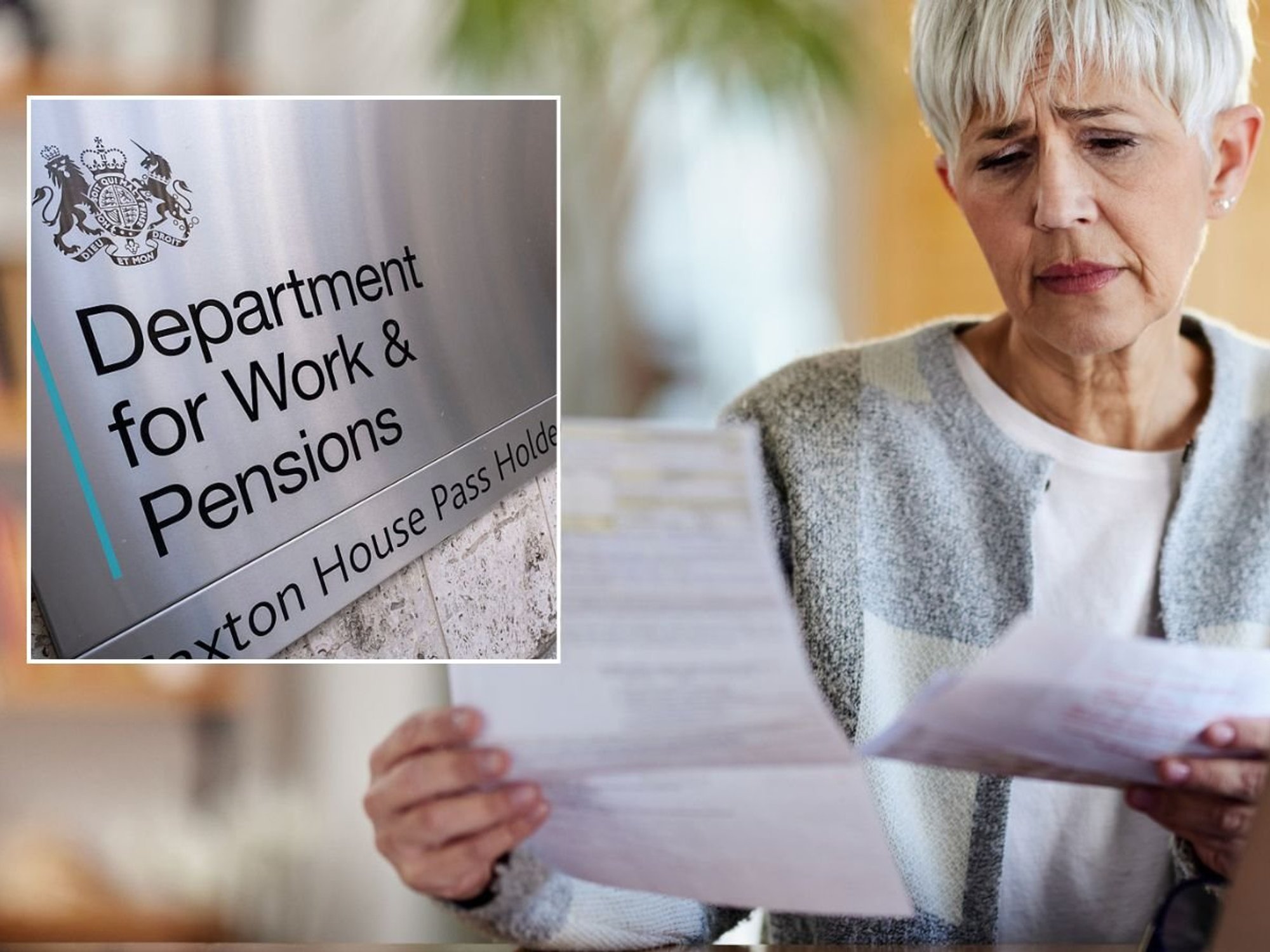 Older woman looking at bank statements and DWP sign