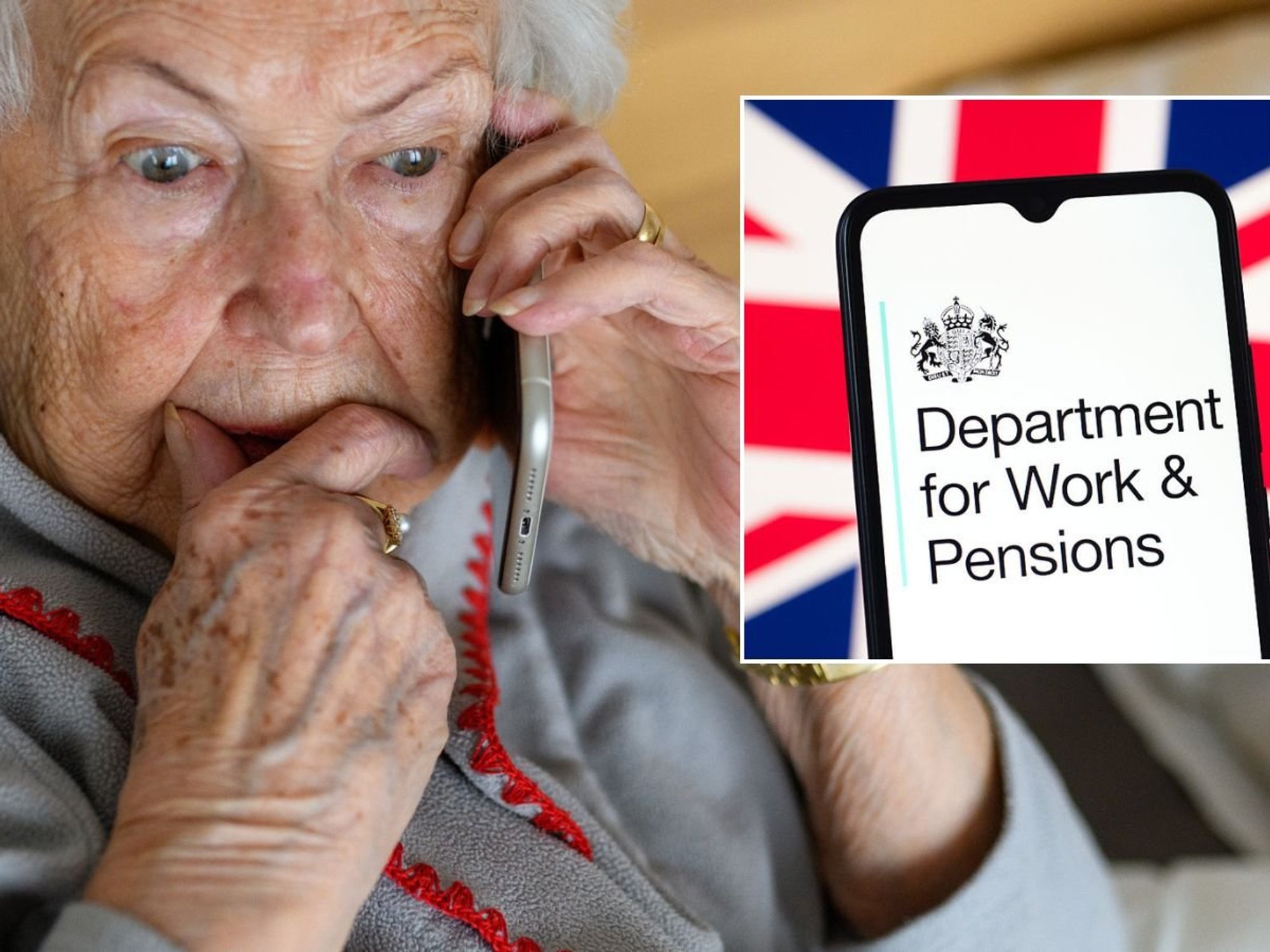 Older woman on phone and DWP sign