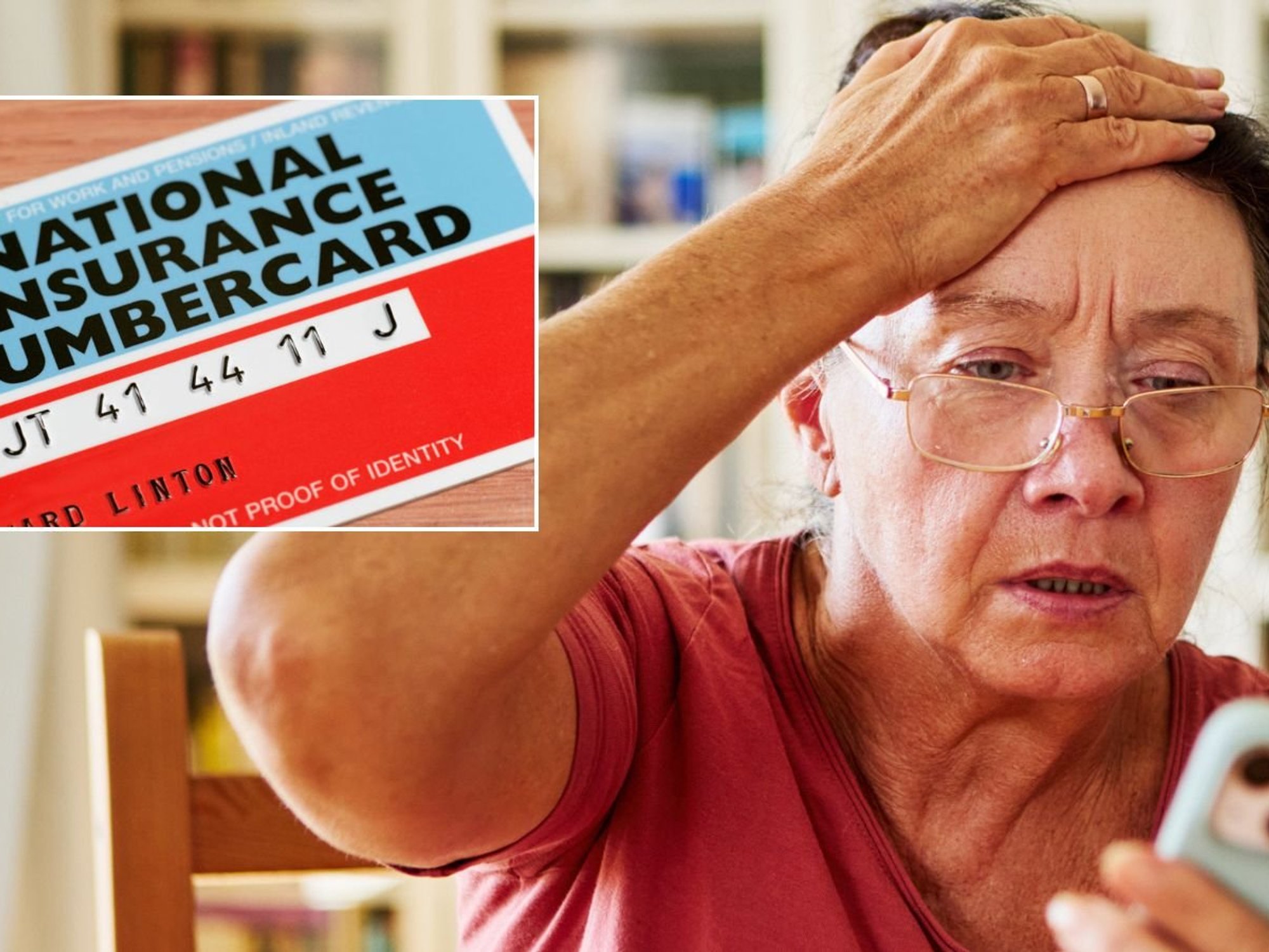 Older woman on phone and National Insurance card