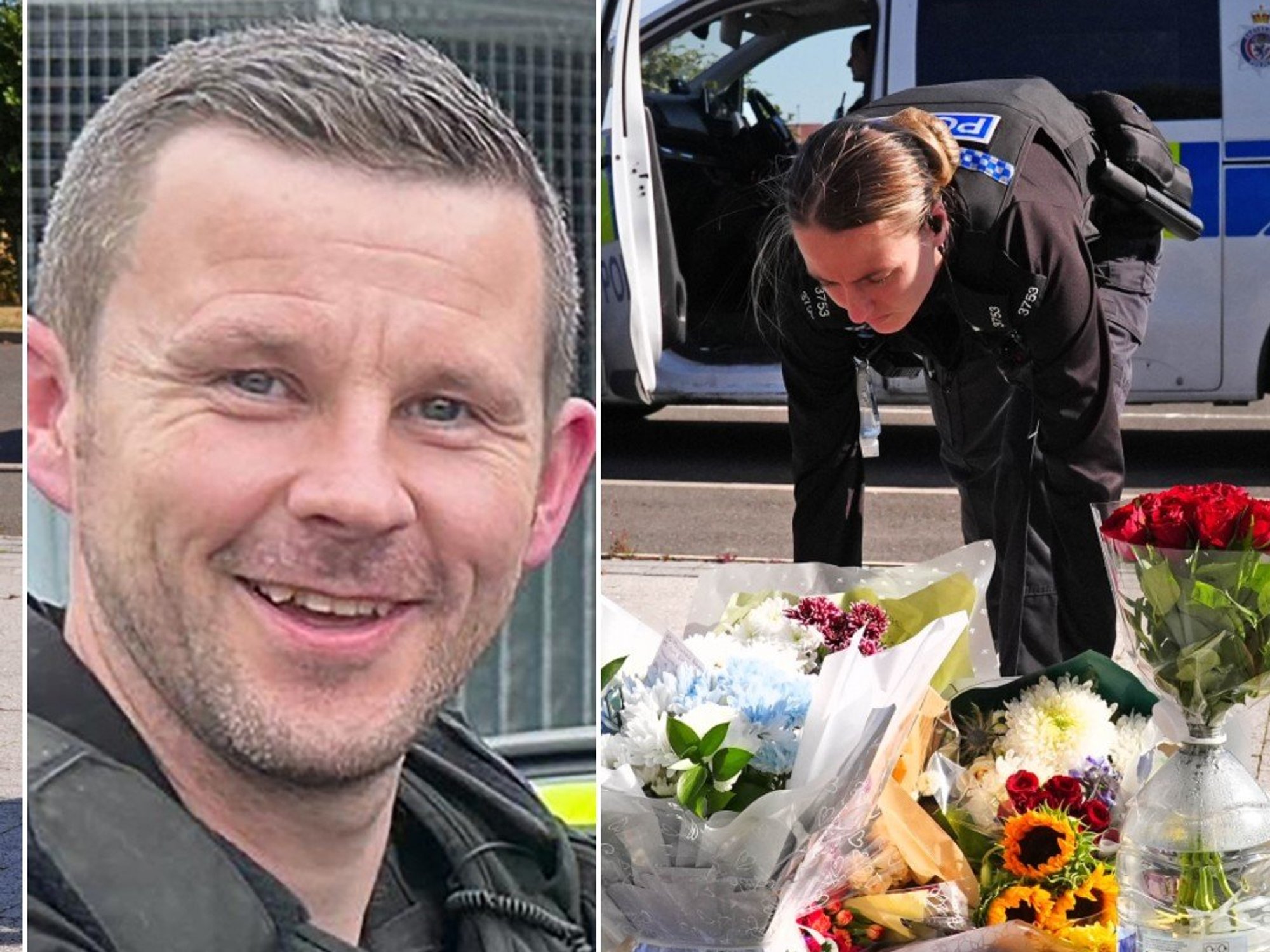 PC Clough (L) and PC Blades (R) with floral tributes (C)