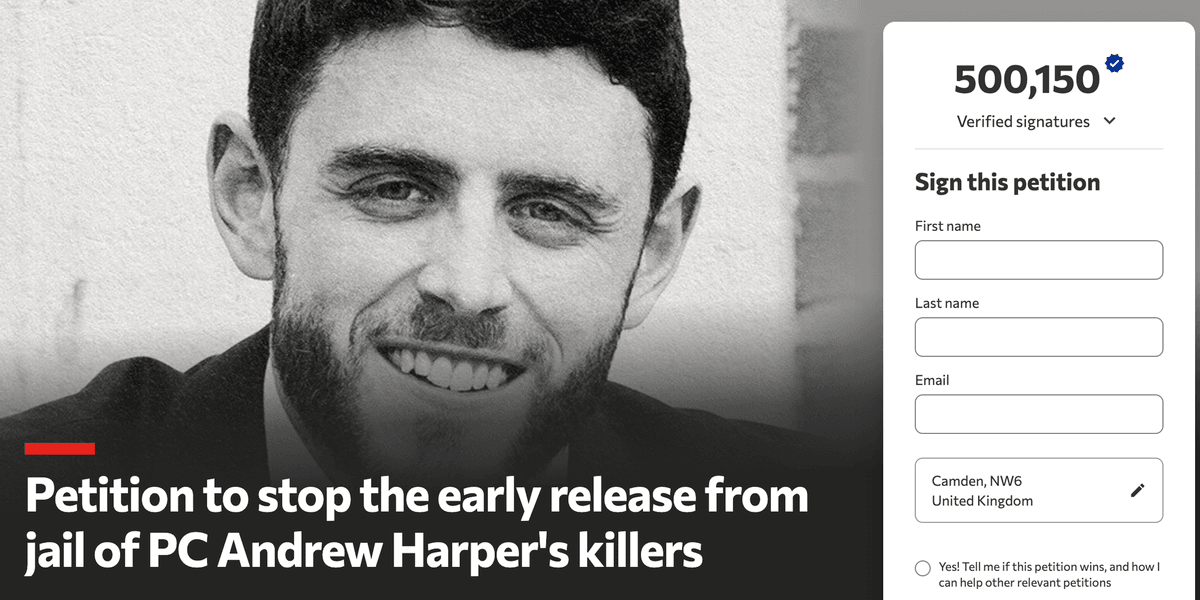 PC Harper petition surpasses 500,000 signature milestone as Britons urge Andy Burnham NOT to release officer's killers early from prison
