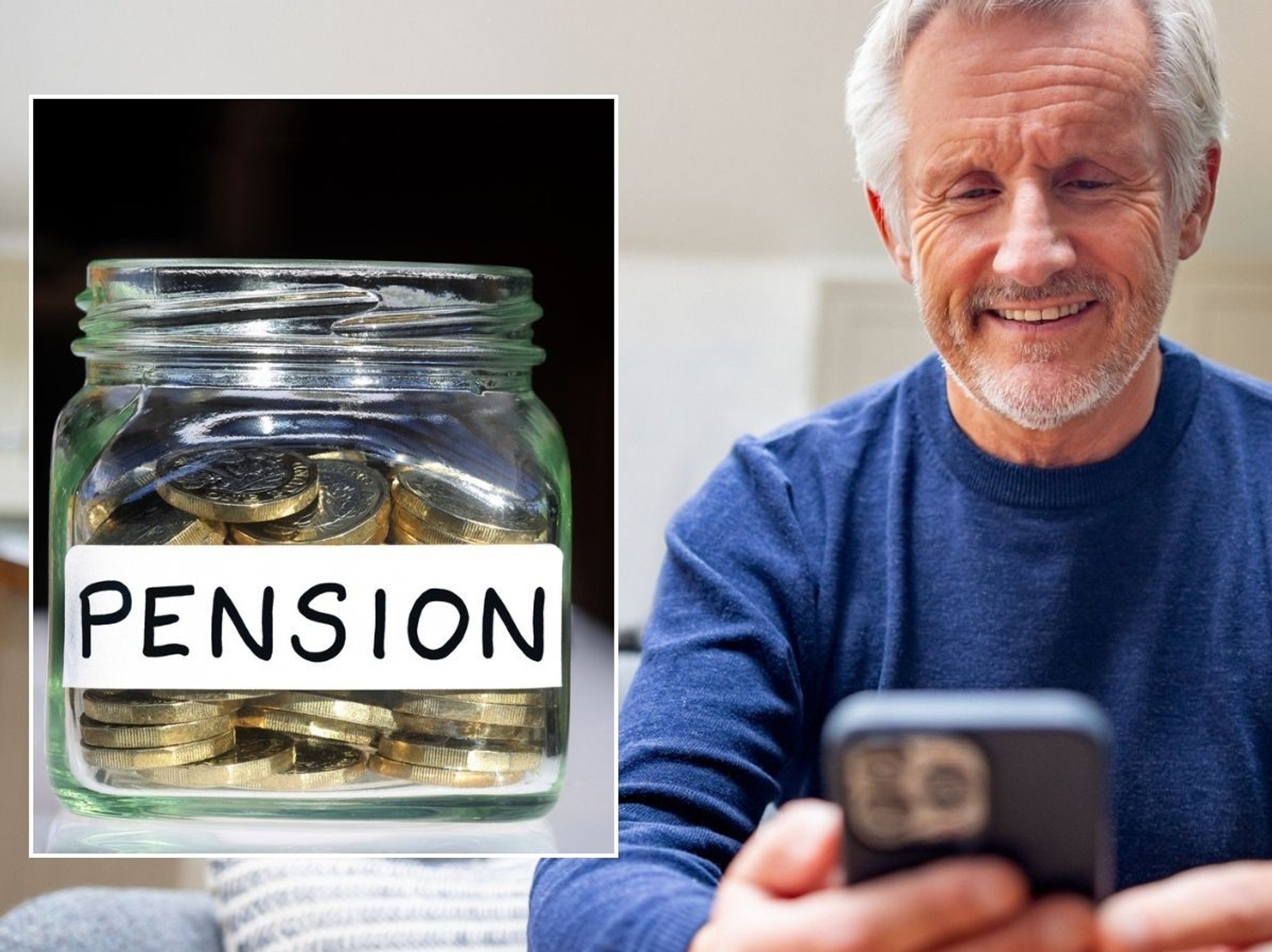 Pension savings and happy man looking at phone