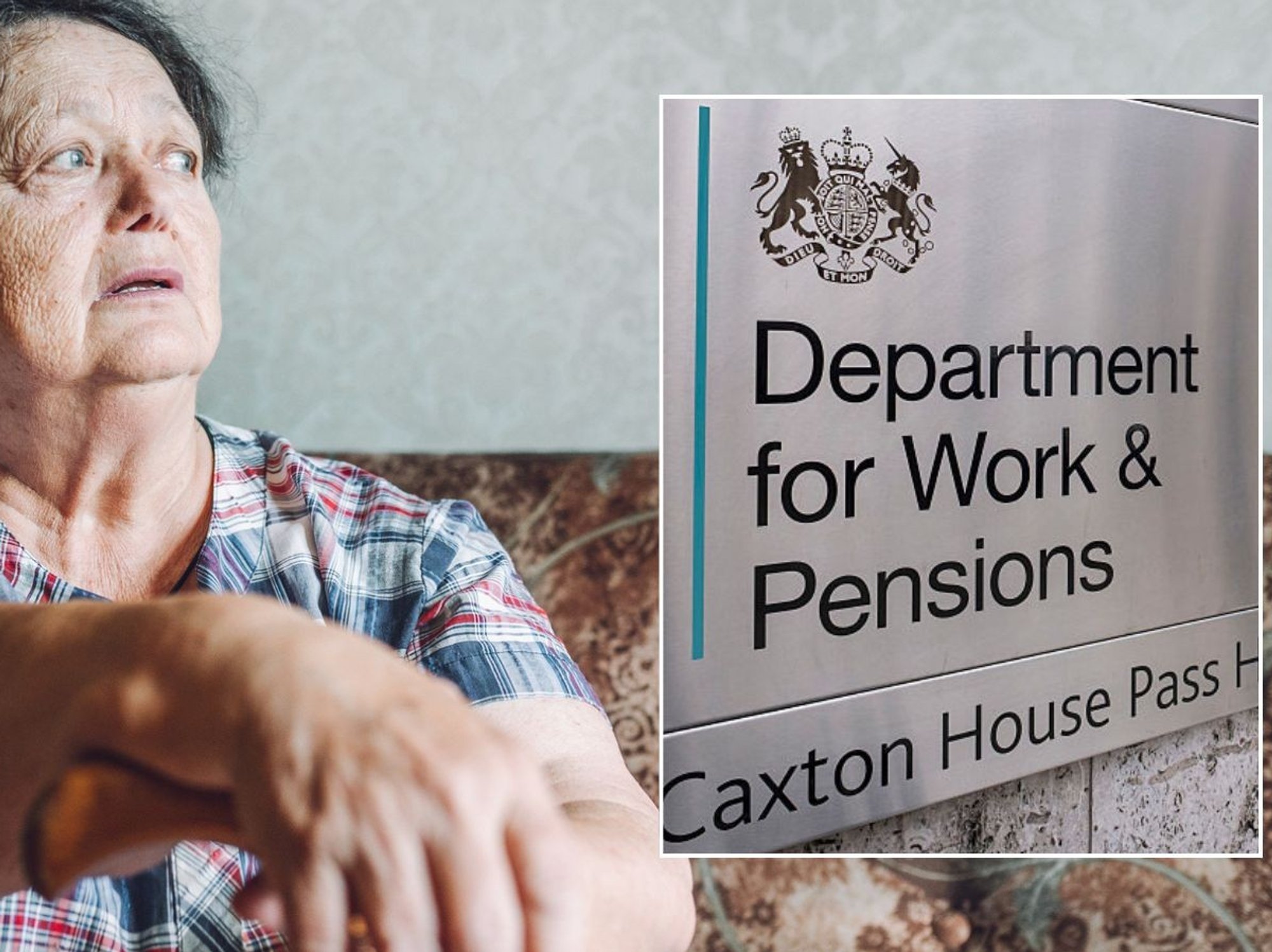 Pensioner looking worried and DWP sign