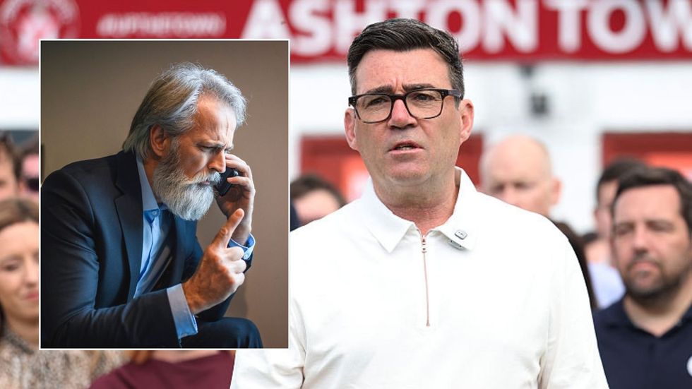 Pensioner on phone and Andy Burnham