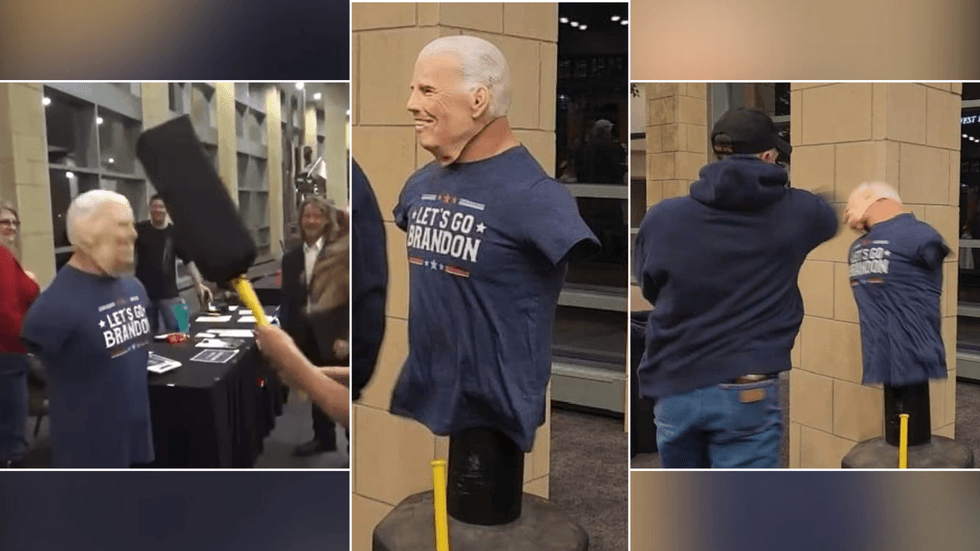 People hitting Joe Biden mannequin