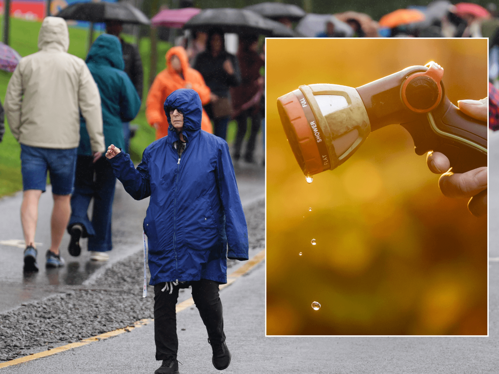 People in rain and hosepipe