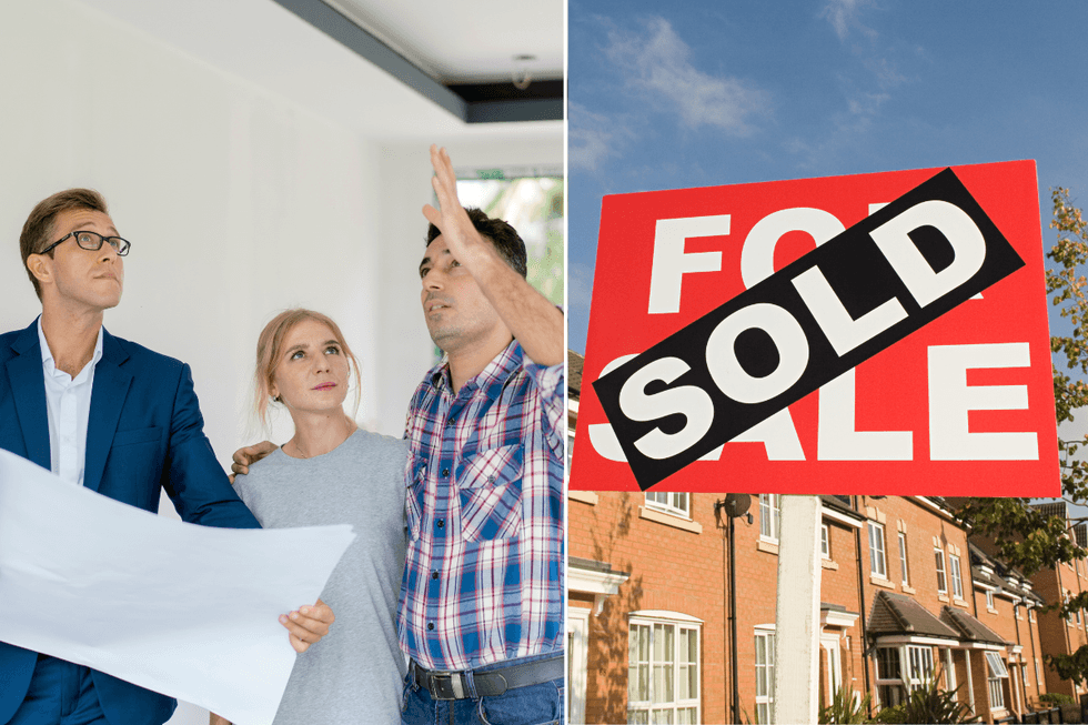 People looking at home / 'sold' for sale sign 