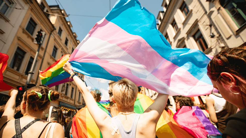 Person holding a transgender flag