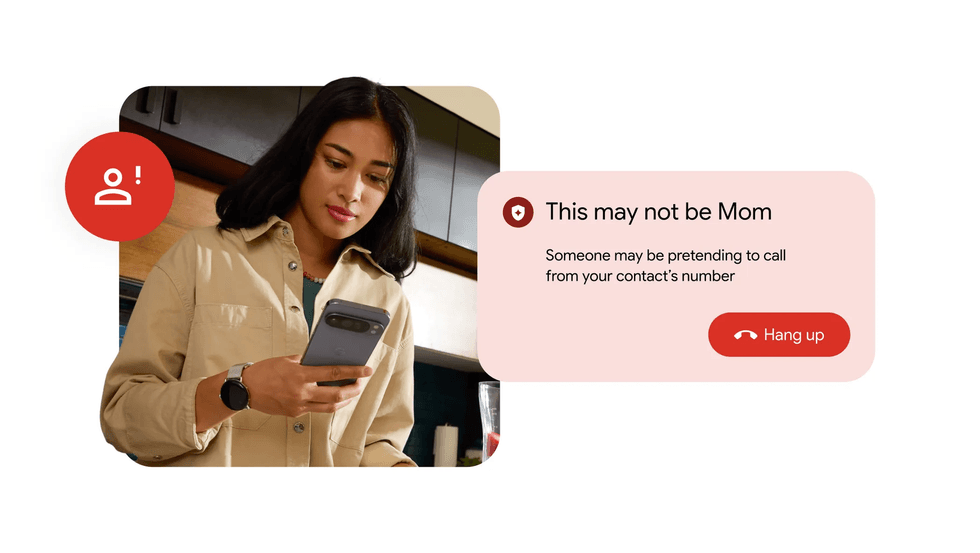Person holding mobile reading potential scam call warning message