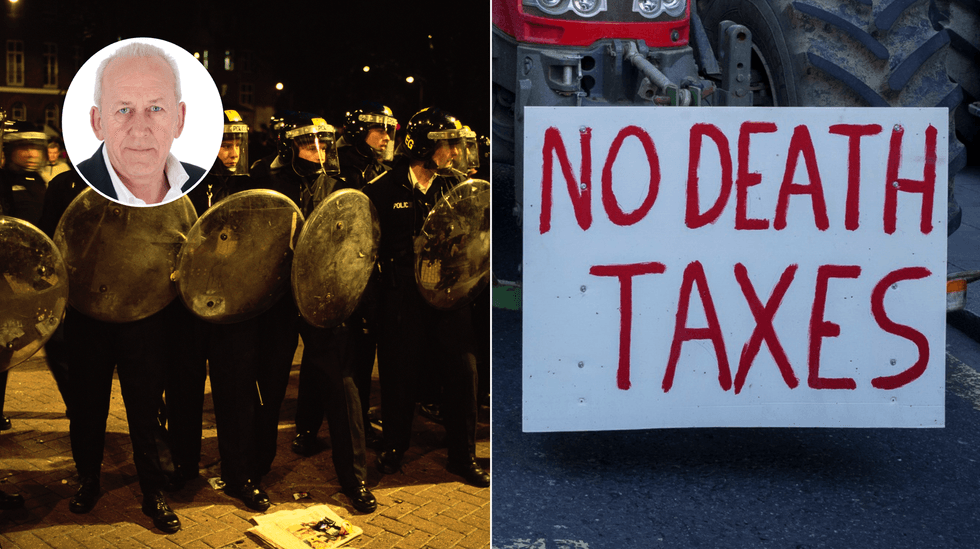 Peter Bleksley (left), riot protest (middle), farmers' protest (right)
