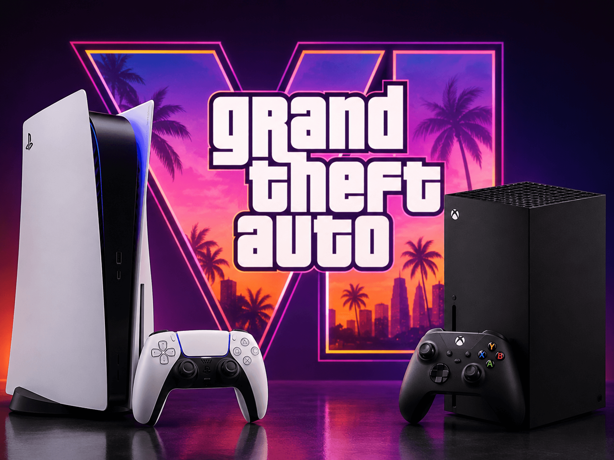 PlayStation 5 and XBOX Series consoles in front of GTA VI logo