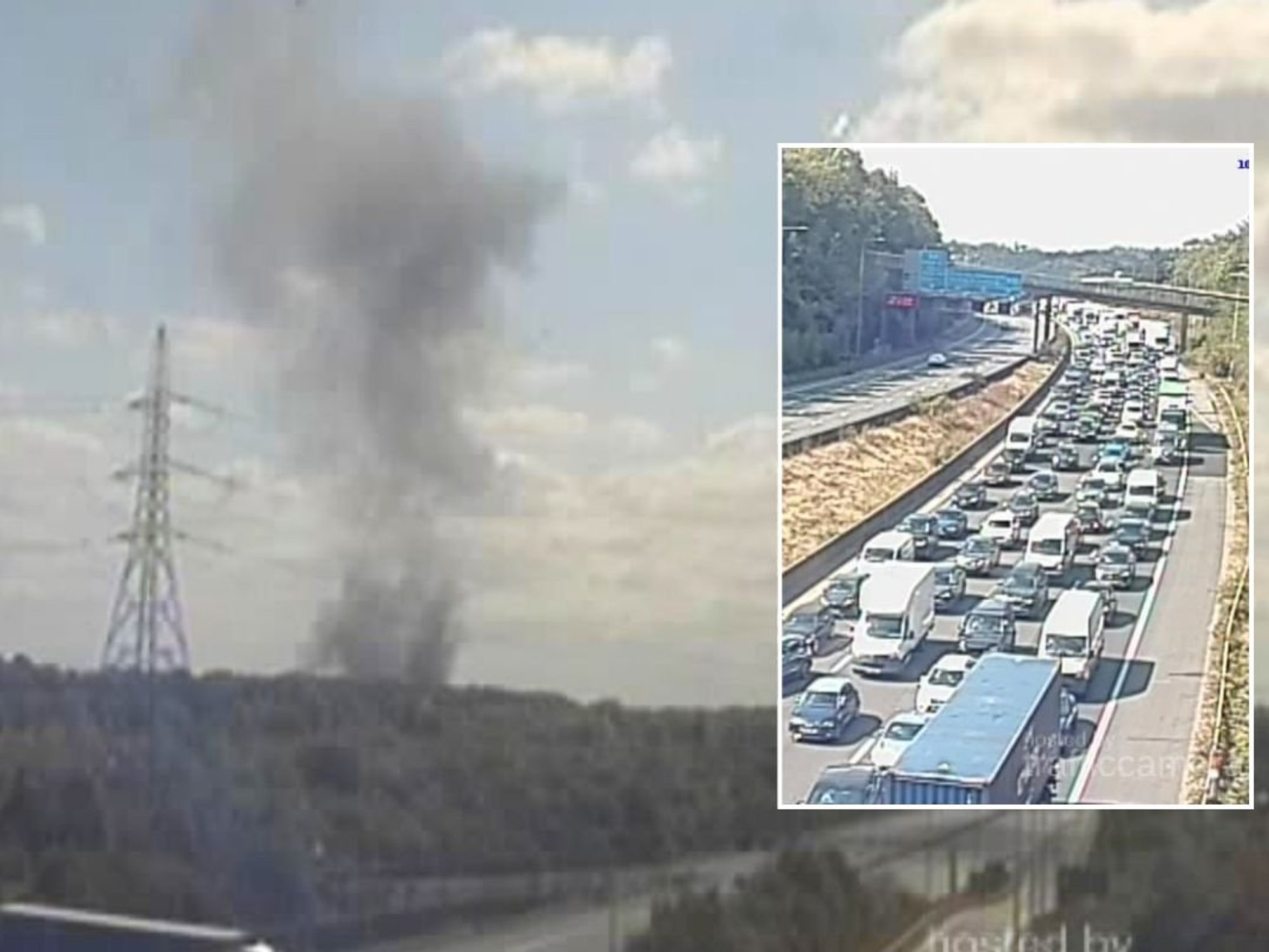Plumes of smoke can be seen along the M25 following a warehouse fire in St Albans