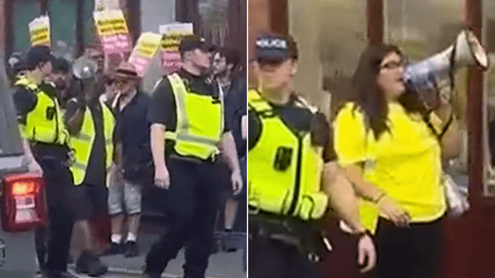 Police escorting pro-migrant protesters to the Epping hotel