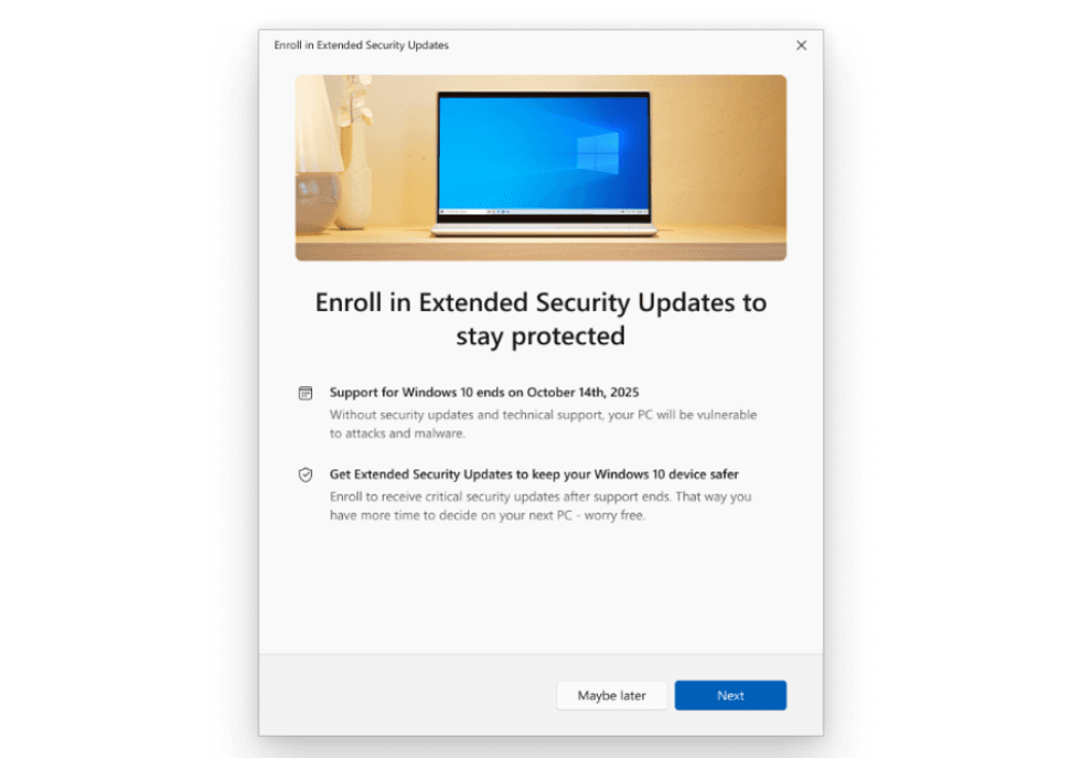 pop-up box asking windows 10 users to subscribe to Extended Security Updates