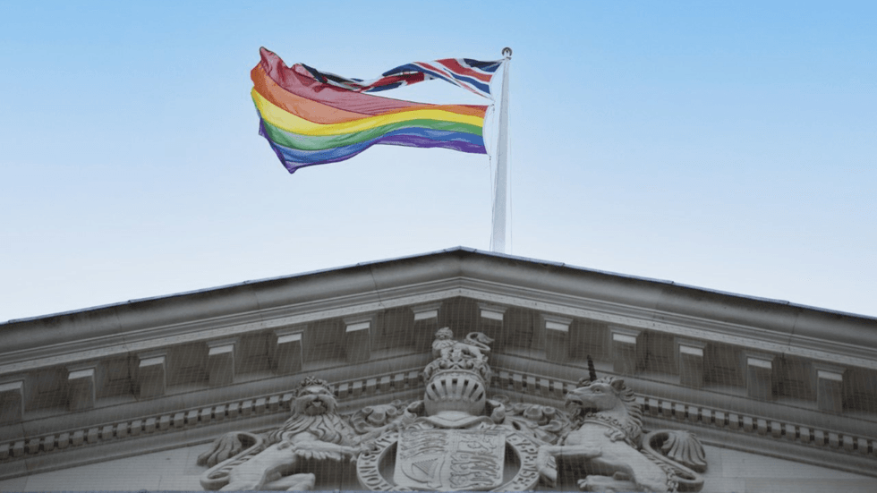 Pride flag flying from the Treasury