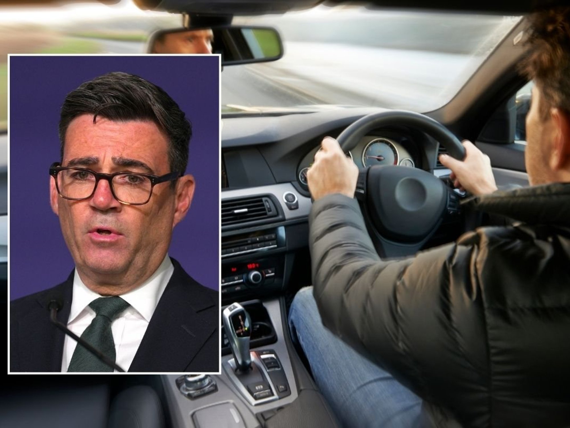 Prime Minister Andy Burnham and a man driving a car