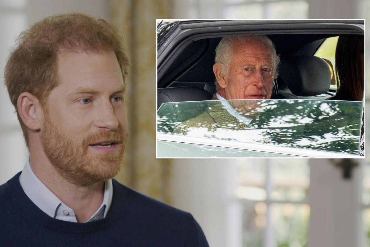 Prince Harry with inset of King Charles
