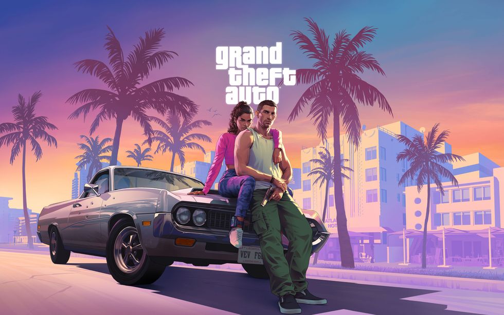 promotional image for gta 6 shows the two main protagonists sat on the bonnet of a car holding a pistol with palm trees and in the pink background